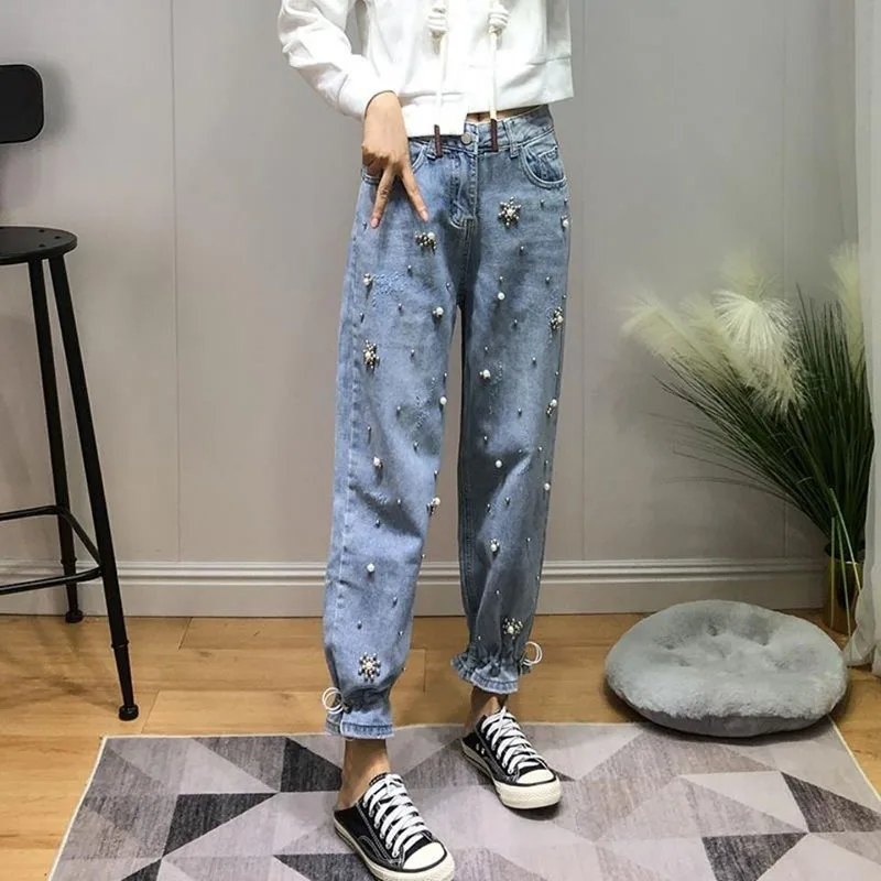 

3D Beaded High Waisted Jeans for Women Blue Drawstring Harem Pant Trousers Denim Pants Streetwear Mom Jeans