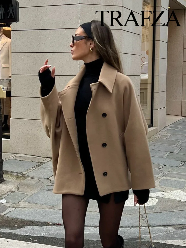 TRAFZA Winter Women's Loose Short Jacket Stand Collar Long Sleeve Button Casual Jacket Women's Wool Blended Khaki Top Y2K 4