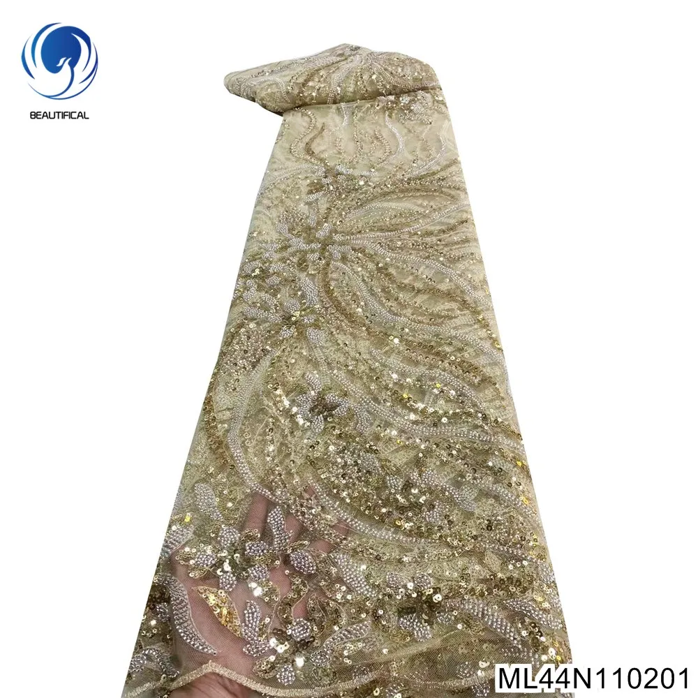 

High-end Luxury Brands 7 Colors In Stock African Shining Sequins with French Heavy Beaded Lace Fabric ML44N1102