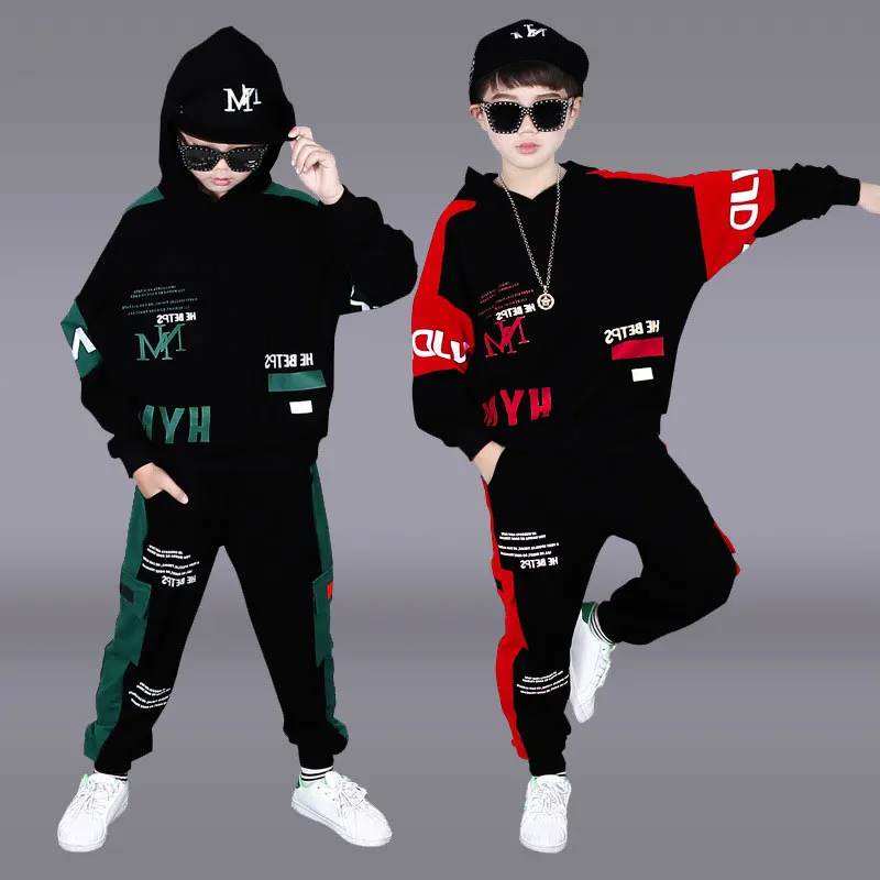 

Boys' Spring Autumn Casual Tracksuits Teenagers Kids Cotton Hooded Long Two-pieces Hip Hop Clothes Sports Outfits Size 120-160