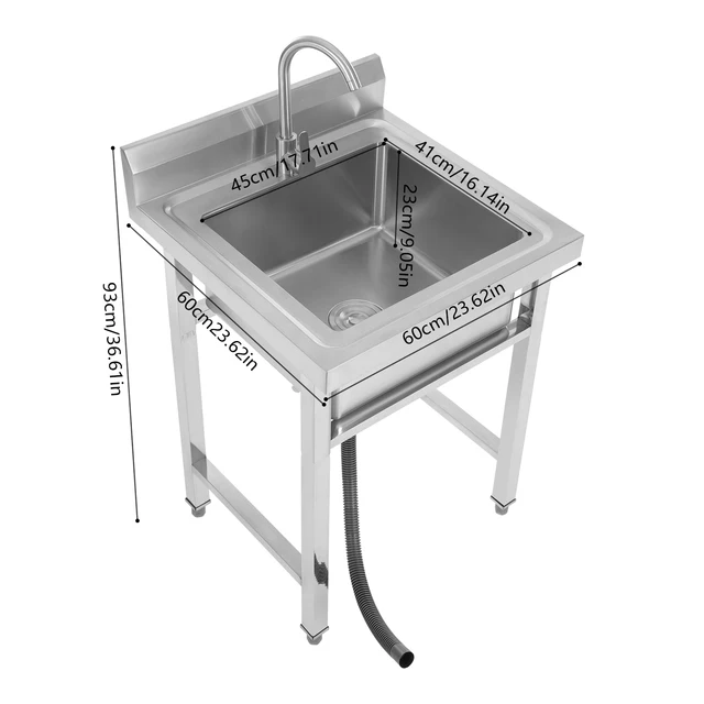 Freestanding Stainless Steel Kitchen Sink Rectangular with Stable Bracket Design and Drain Pipe 60 x 60 x 93 cm 4
