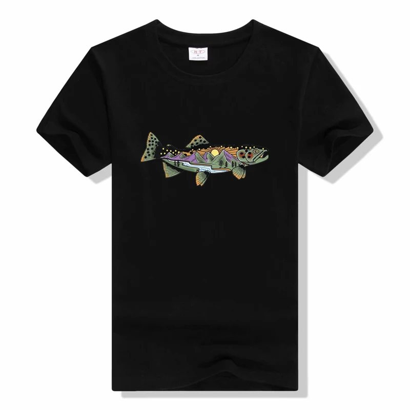 

Cartoon Snake River Mountain Trout Outdoor fishing t shirt Men women Summer Camping adventure hiking short sleeves t shirts