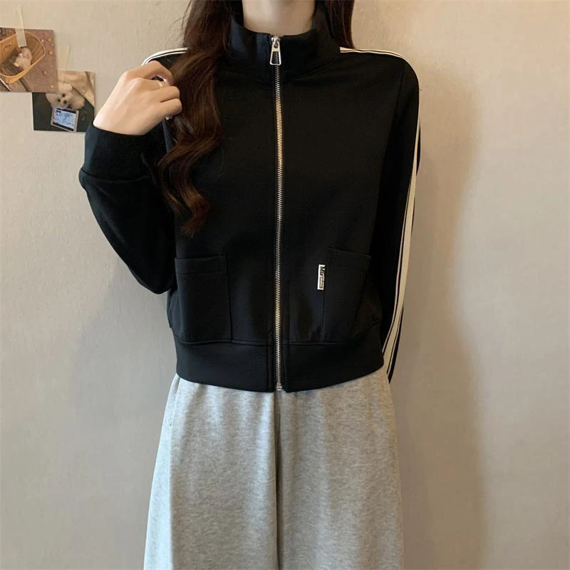 Spring Autumn Stand Collar Loose Casual Zipper Jacket Lady Long Sleeve Patchwork All-match Outwear Women Cardigan Sweatwear Top