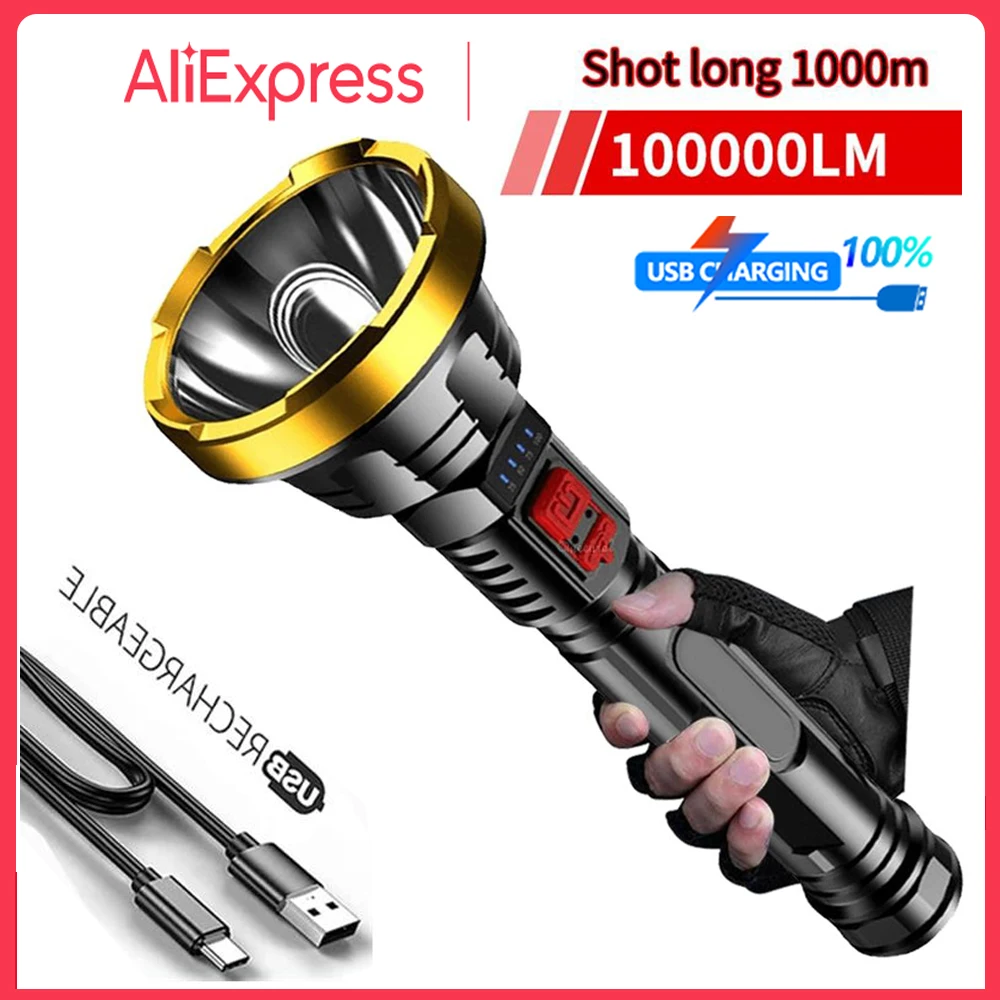 

High Power Outdoor Led Flashlight 100000lm USB Rechargeable Waterproof High Power 1000m Long Range Camping Light