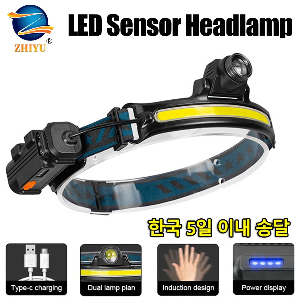 

USB Rechargeable Sensor Headlamp Powerful LED Head Flashlight with 2000Mah Built in Battery Outdoor Camping Fishing Head Torch