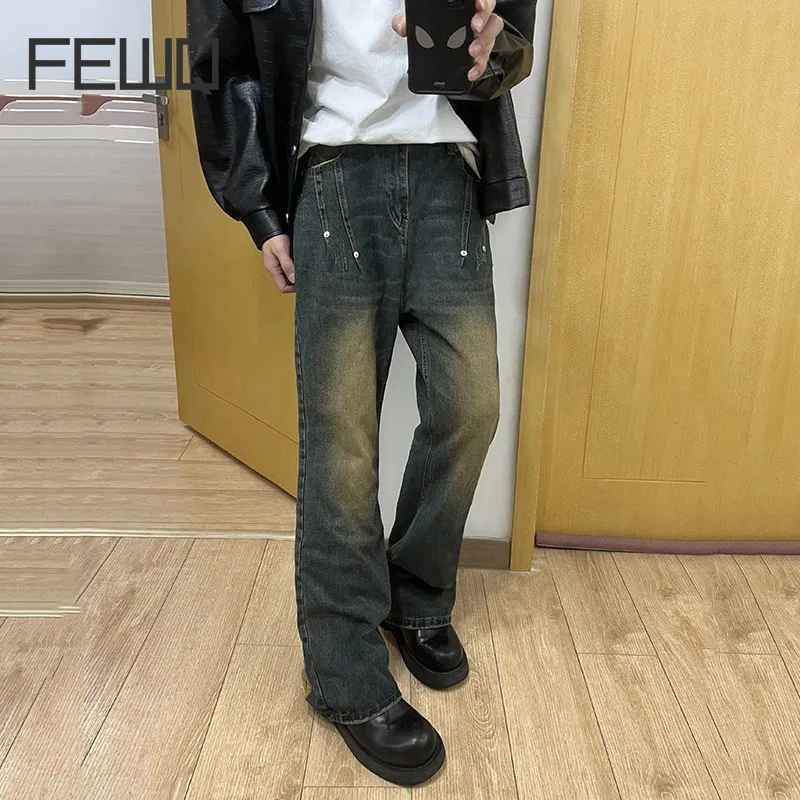 

FEWQ Niche Design Male Jeans New Fashion High Street Rivet Wide Leg Pants Vintage Zipper Men Slim Trousers 2023 Spring 24X4148