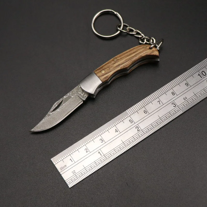 Damascus Knife Wooden Handle Folding Knife Outdoor Camping Portable Portable Mini Key Buckle Multi-functional Emergency Rescue