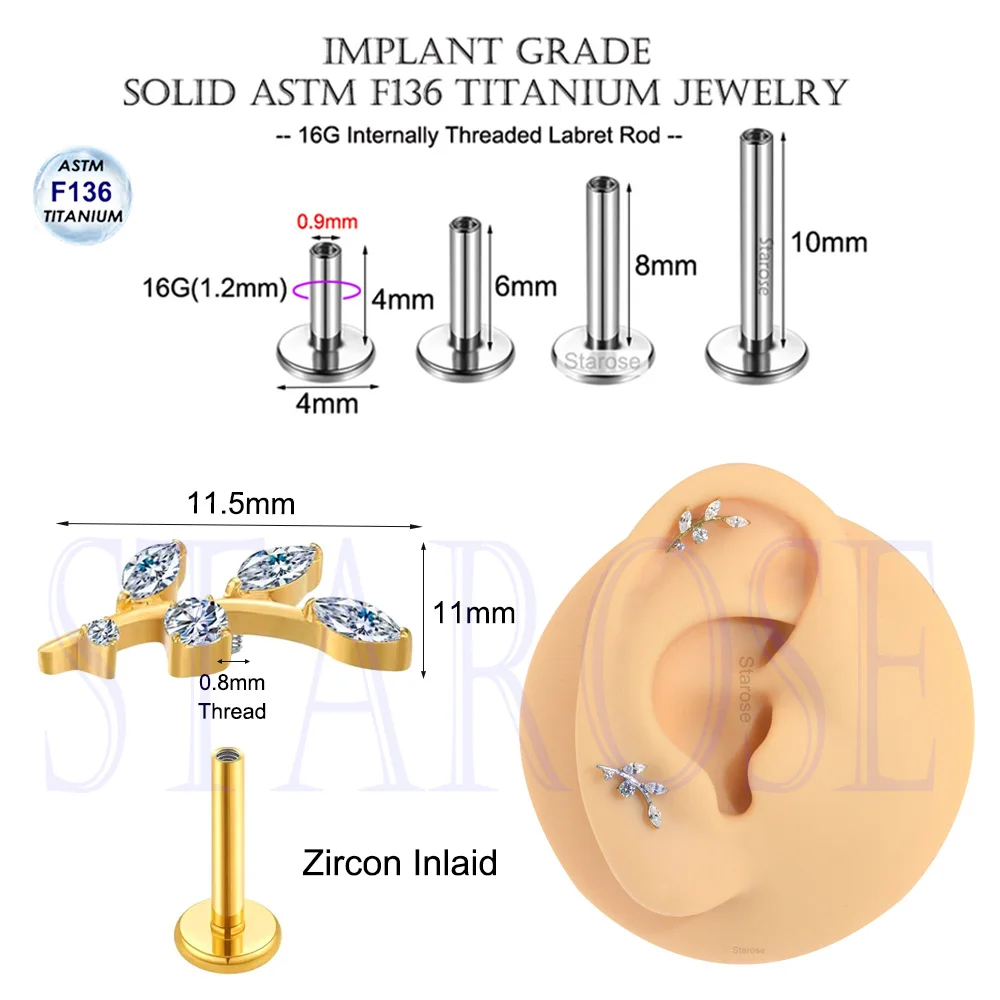 1Pc 1.2x4/6/8/10mm F136 Nose Piercing Titanium Labret Stud Oval Cz Branch Helix Tragus Earrings Leaf Ear Jewelry 16G Bar