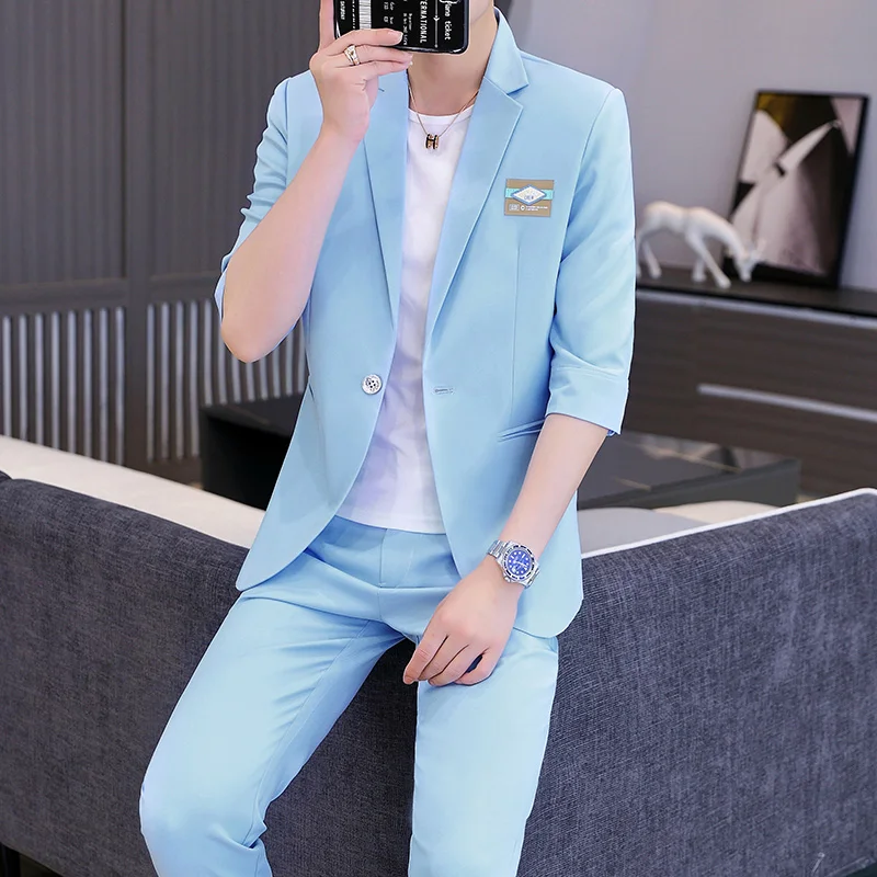 summer Korean slim short sleeve small suit thin casual men British seven-point sleeve mid-sleeve suit men