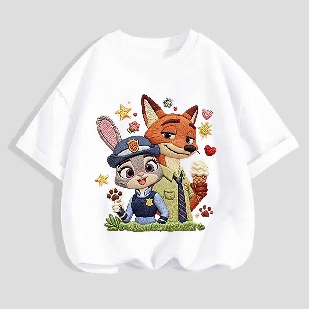 Zootopia Judy Nick 프린트 아동용 면 티셔츠 소녀를위한 다목적 캐주얼 탑 여름 반팔 라운드 넥 소녀 의류