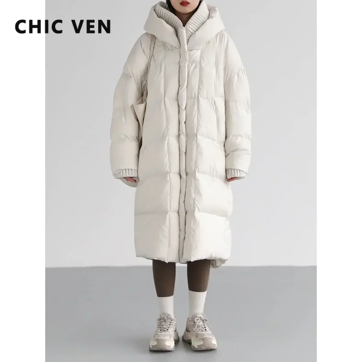 CHIC VEN Korean Women's Down Coats White Loose Hooded Long 90 White Duck Down Jacket Thick Warm Coats Parkas Autumn Winter
