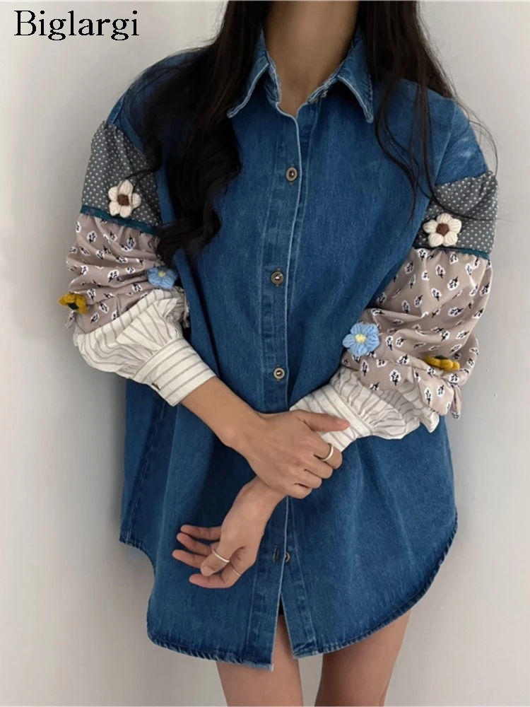 

Джинсовая Весенняя рубашка, пальто, женская модная винтажная куртка с длинным рукавом и цветочным принтом в стиле пэчворк, женские пальто свободного кроя в Корейском стиле