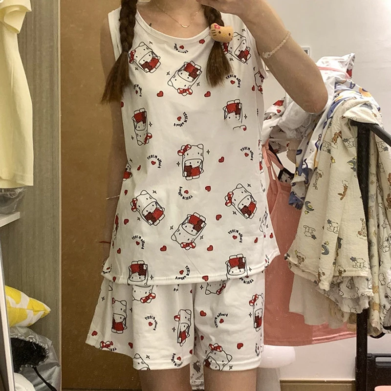 

Sanrio Kawaii Anima Hello Kitty Summertime Pajama Set Cute Cartoon Short-Sleeved Shorts Loungewear Lovely Gifts for Girls