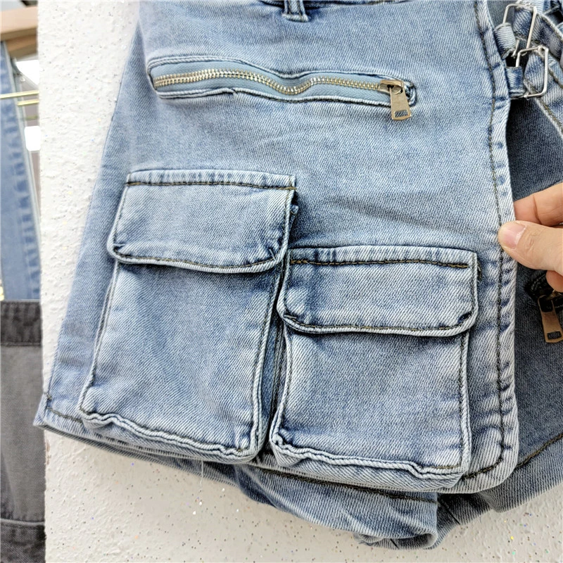 Korean Style Multi Pockets Cargo Denim Shorts Zipper Lace Up High Waist A-line Women Fashion Casual Jeans Culottes Streetwear