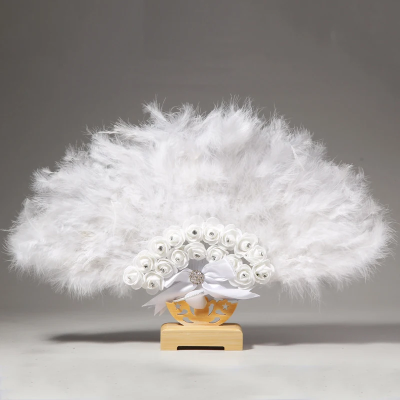 

Нескладной свадебный веер с перьями, двухслойный кружевной пластиковый веер, элегантный веер с белыми перьями, искусственная Роза