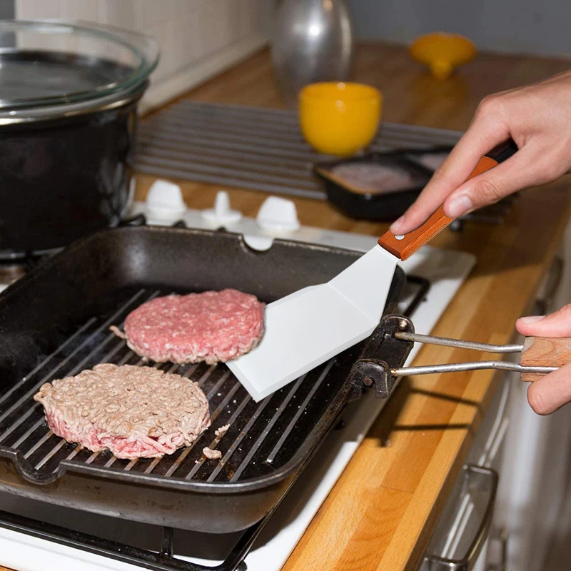 Stainless Steel Frying Spatula Wooden Handle Steak Pizza BBQ Tool