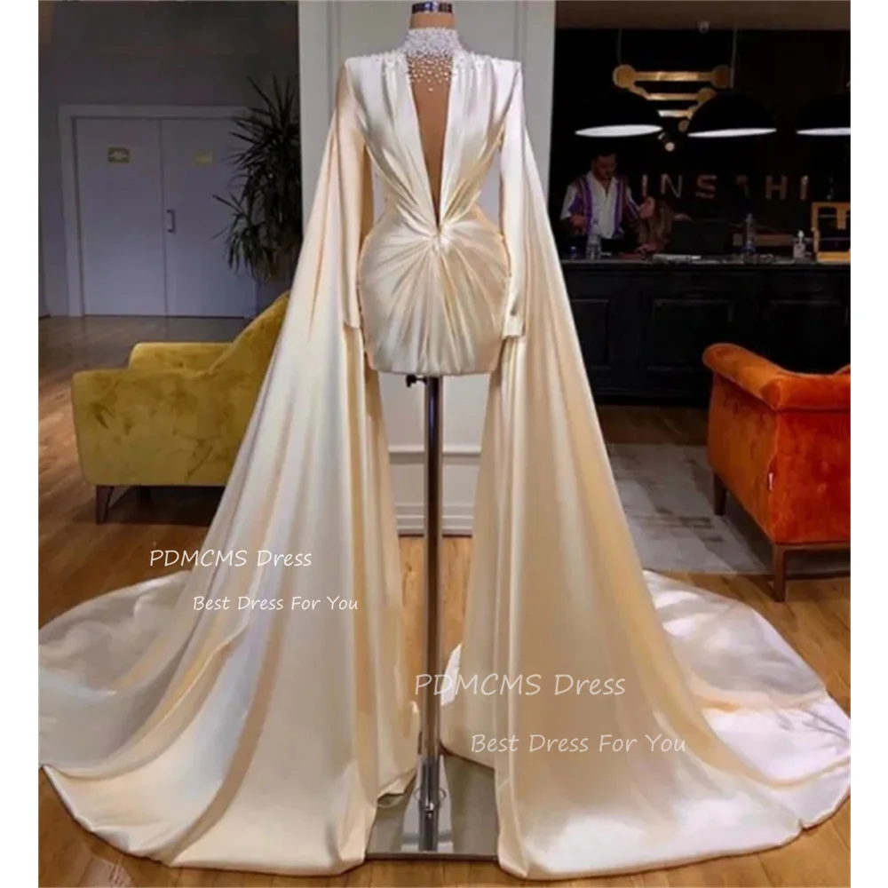 

Sexy Short Satin Evening Dress Beading Arabic Robe De Soiree Long Sleeve Prom Dresses Beads Party Vestidos Night Evening Gowns