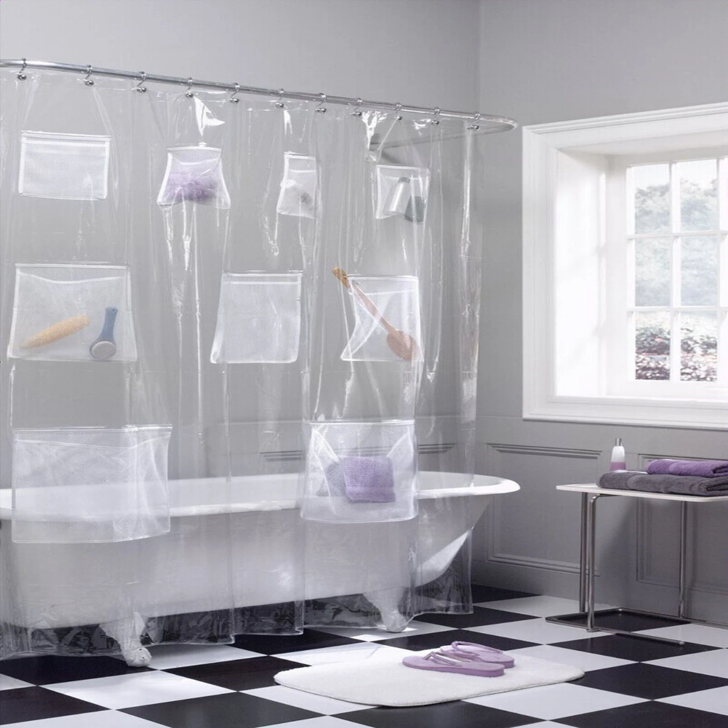 Effortless organization with stylish mesh pockets and convenient shower caddy for a clean and dry bathroom. Sturdy, high-quality