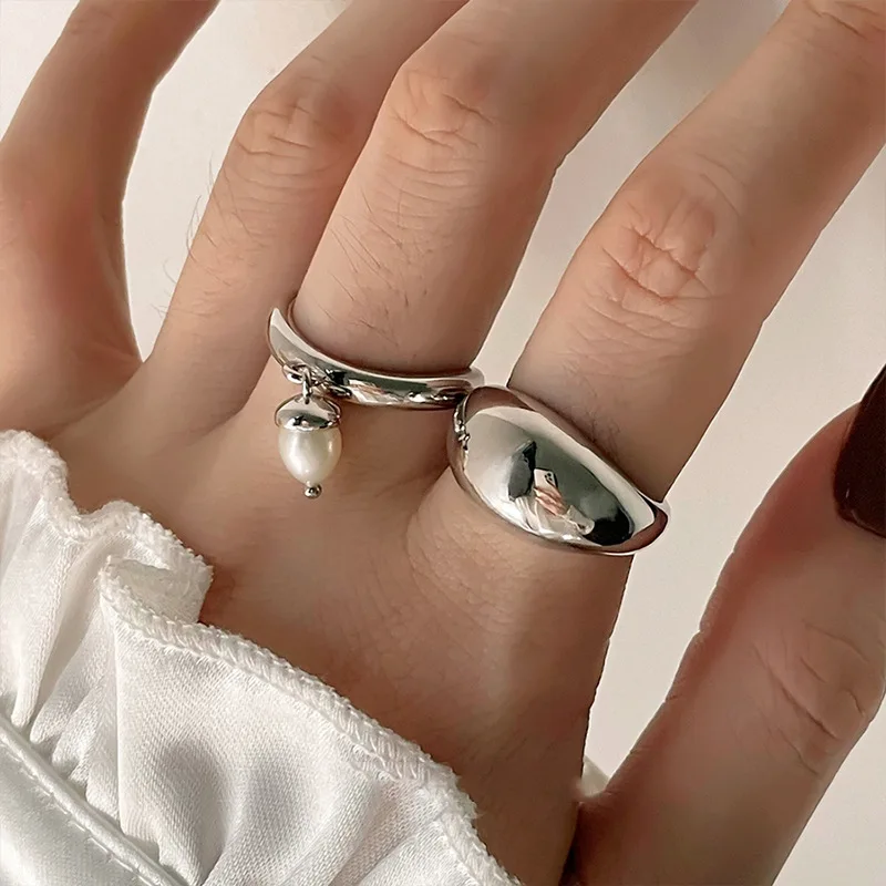 

Minimalism Silver Pearl Tassel Rings for Women Ladies Wedding Engagement Women's Vintage Smooth Ring Fine Jewelry Accessories