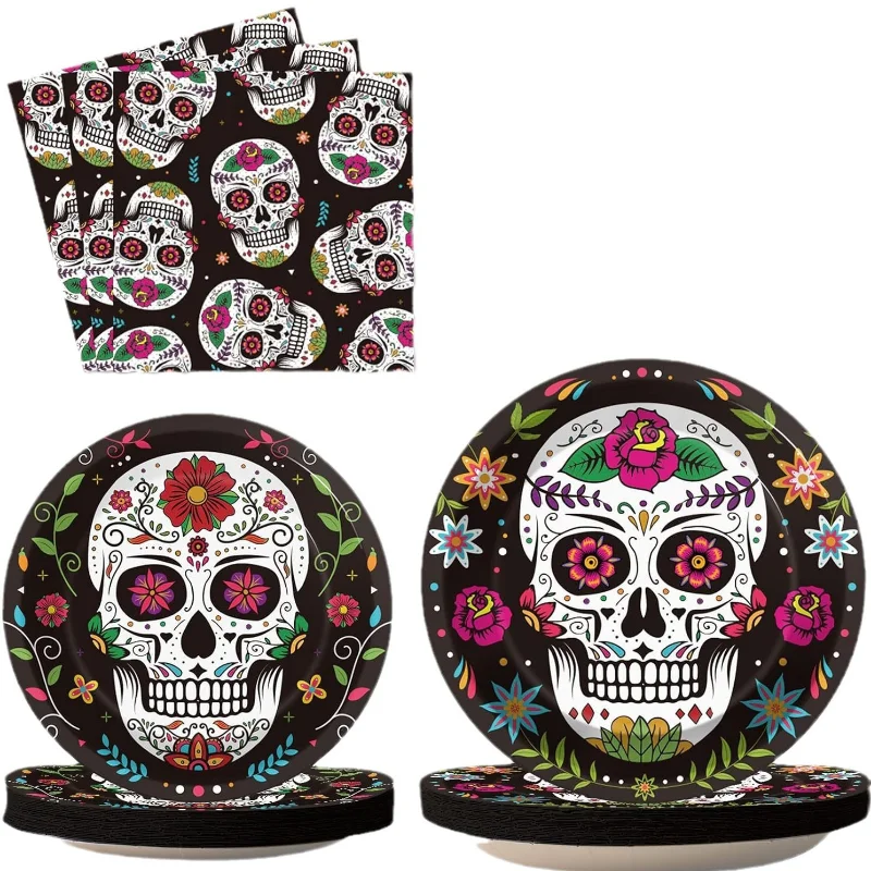 New Mexican Carnival Sugar Skull Day of The Dead Tableware Set Halloween Party Decoration Flower Skull Plate