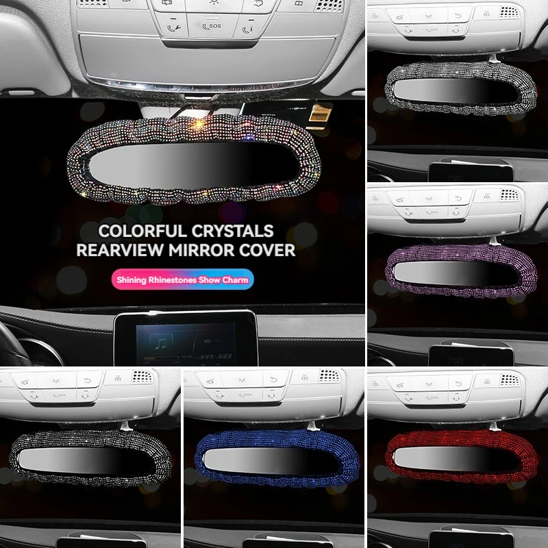 Bling Rhinestone Rear View Mirror Cover With Crystal Diamonds Elastic Glitter Car Rear View