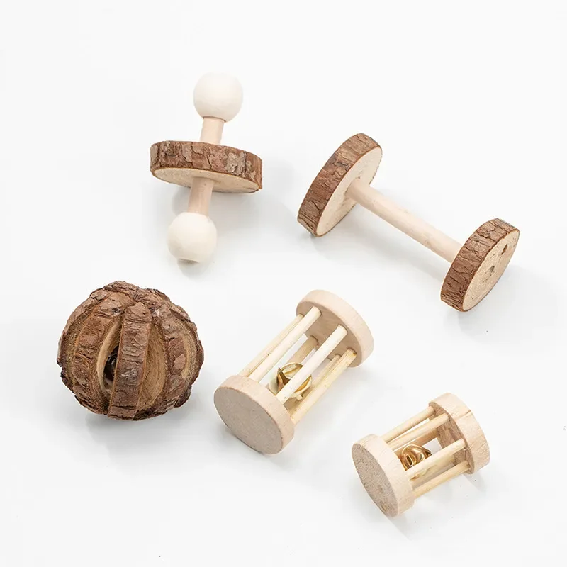 

Natural Wooden Rabbits Hamster Toys Pine Dumbells Unicycle Bell Roller Toys for Guinea Pigs Rat Small Pet Molars Supplies