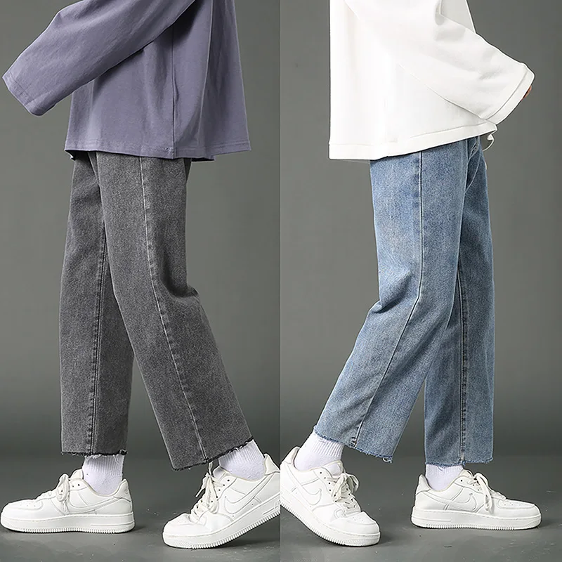 Jeans men's pants spring and autumn loose straight leg cropped casual pants trend streetwear men