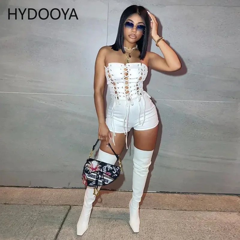 Sexy Off Shoulder Drawstring Lace Up Corset Jumpsuits Women's Clothing Summer 2022 Strapless Backless Nightclub Party Playsuits