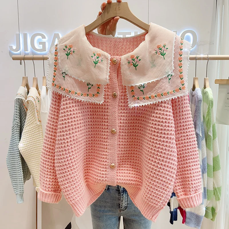 

Sweet Girls Winter Fall Sweaters Embroidery Navy Collar Long Sleeves Single Breast Women Sweater