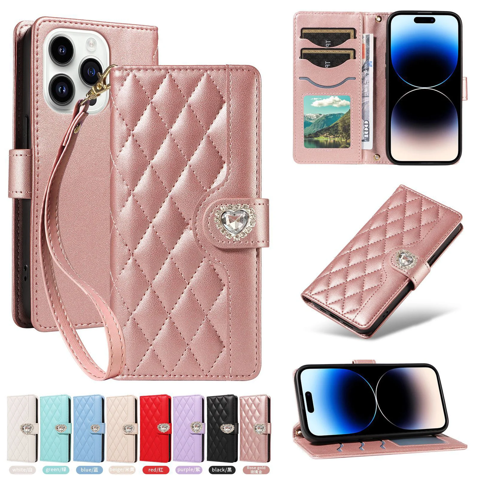 Crossbody Flip Case for Redmi 14C 14R 13C 13 12 11A 10C 10X 10 9C 9A 9 A5 A4 A3 Diamond Leather 3 Cards Wrist Strap Wallet Cover