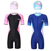 Kids Girls Swimwear Set One-piece Short Sleeves Colorblock Swimming Jumpsuit Swimwear with Hat Girls Cute Swimming Rash Guard 2
