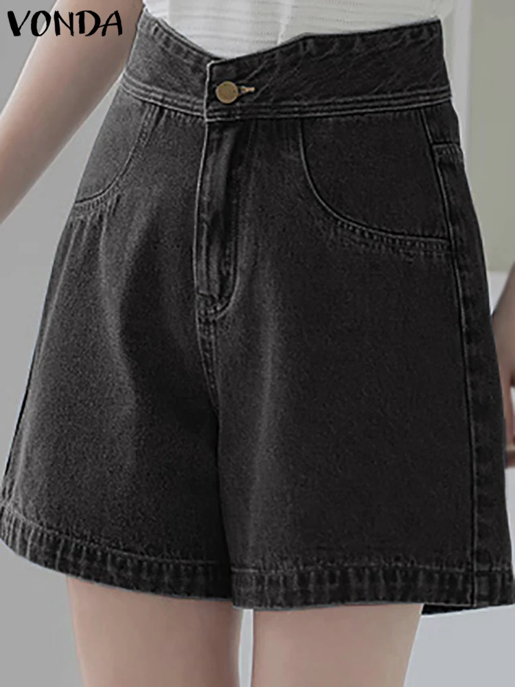 

Elegant Summer Shorts Women 2023 VONDA High Waist Denim Pants Buttons Pockets Casual Solid Color Shorts Loose Streetwear Pants