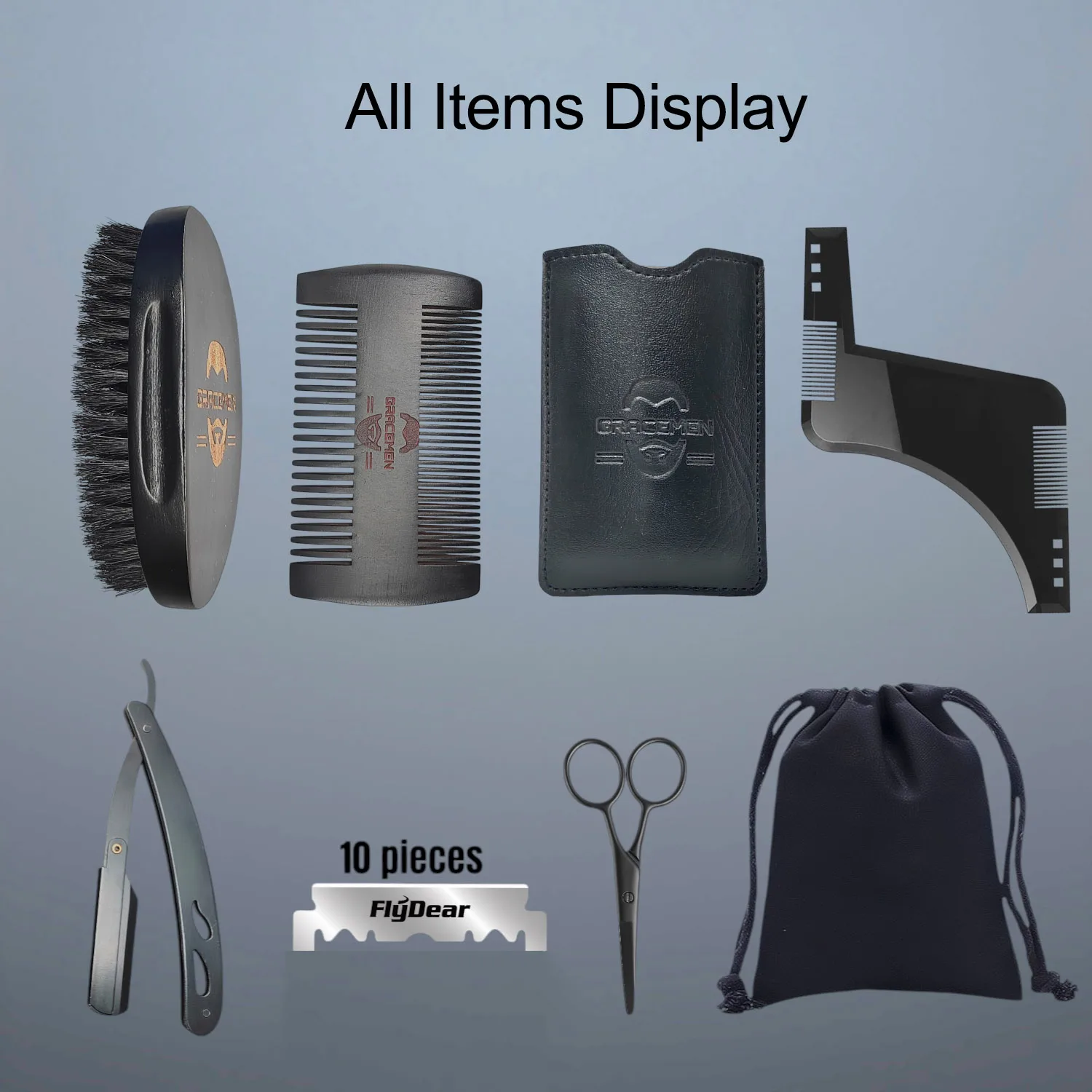 그레이스맨 수염 관리 세트 - 남성용 그루밍 세트 - 수염 템플릿 & 브러쉬 & 빗 & 케이스 & 면도칼 & 가위 & 여행 가방