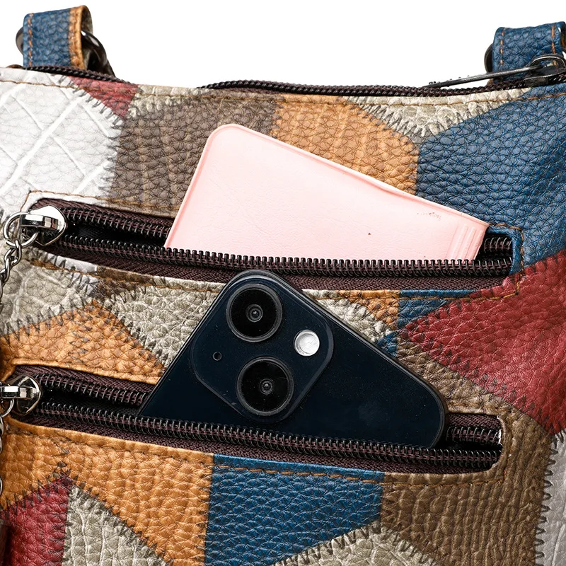 Retro PU Soft Leather Multi Pocket Handbag Shoulder Bag with Color Blocking Plaid Tassel Cross Bags, Mobile Phone Messenger Bag