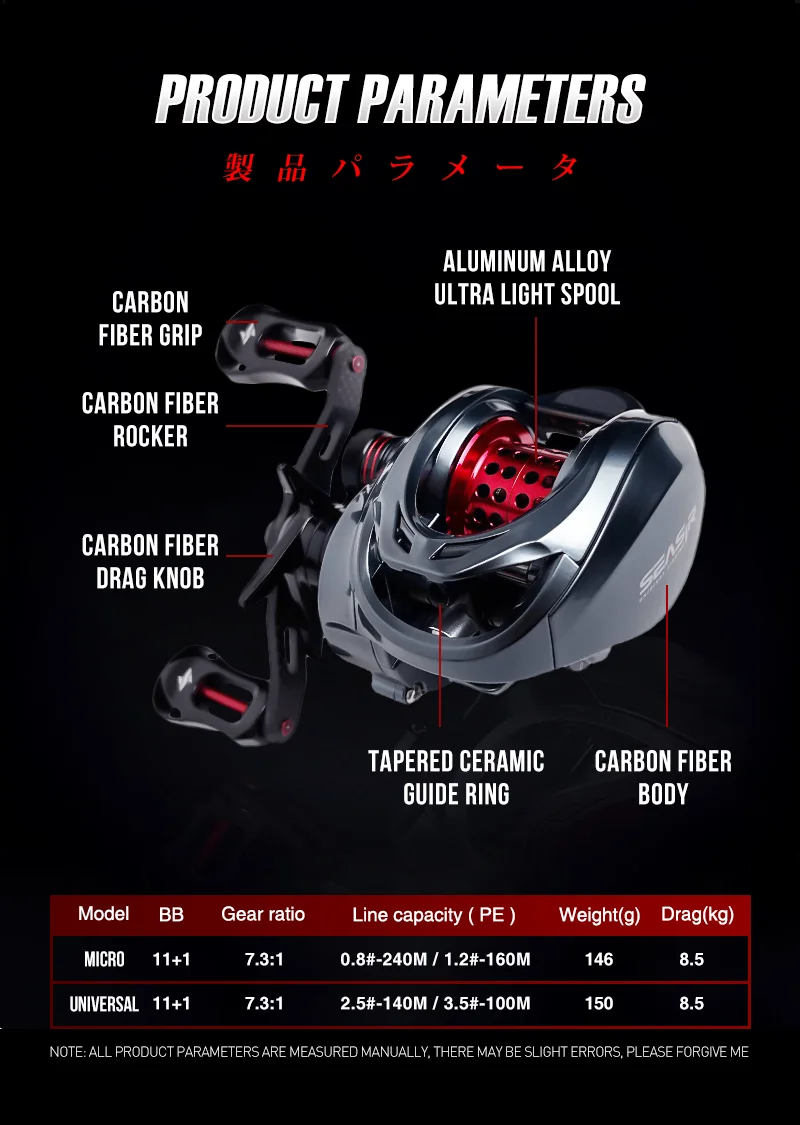 Seasir Mansory Baitcasting Angelrolle, 146 g, ultraleichtes Carbon, 11+1 7,3:1 HS-Verhältnis, Hybrid-Keramiklager, Doppelspulen, Meerwasser – Detail 4
