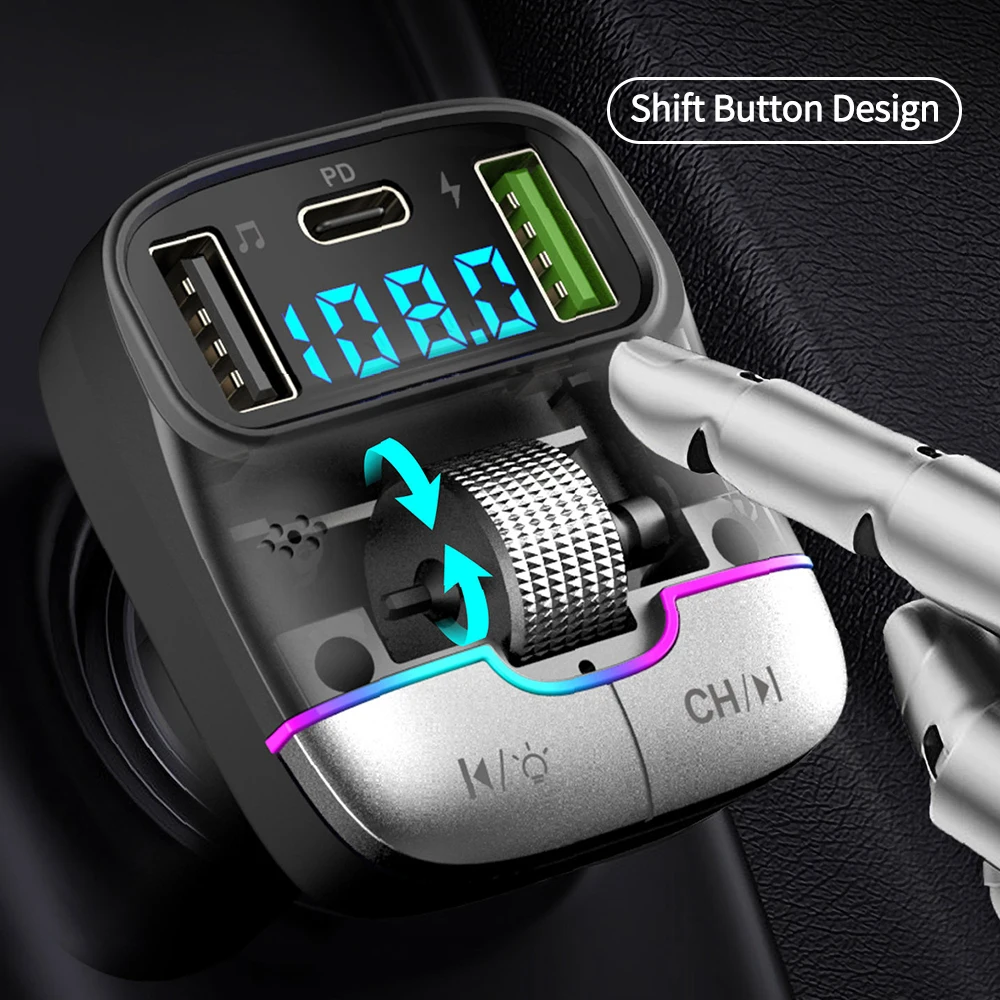 Bluetooth 5.3 Car FM Transmitter Wireless Bluetooth Car Adapter MP3 Player Handsfree Call Dual USB PD Fast Charger Roller Wheel
