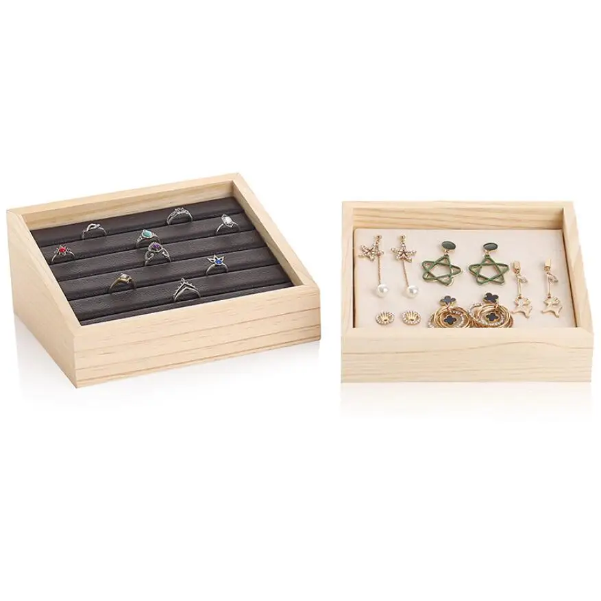 Fashion Bamboo Velvet Jewelry Display Tray Ring Box Earring Necklace Bracelet Pendant Display Organizer Jewelry Storage