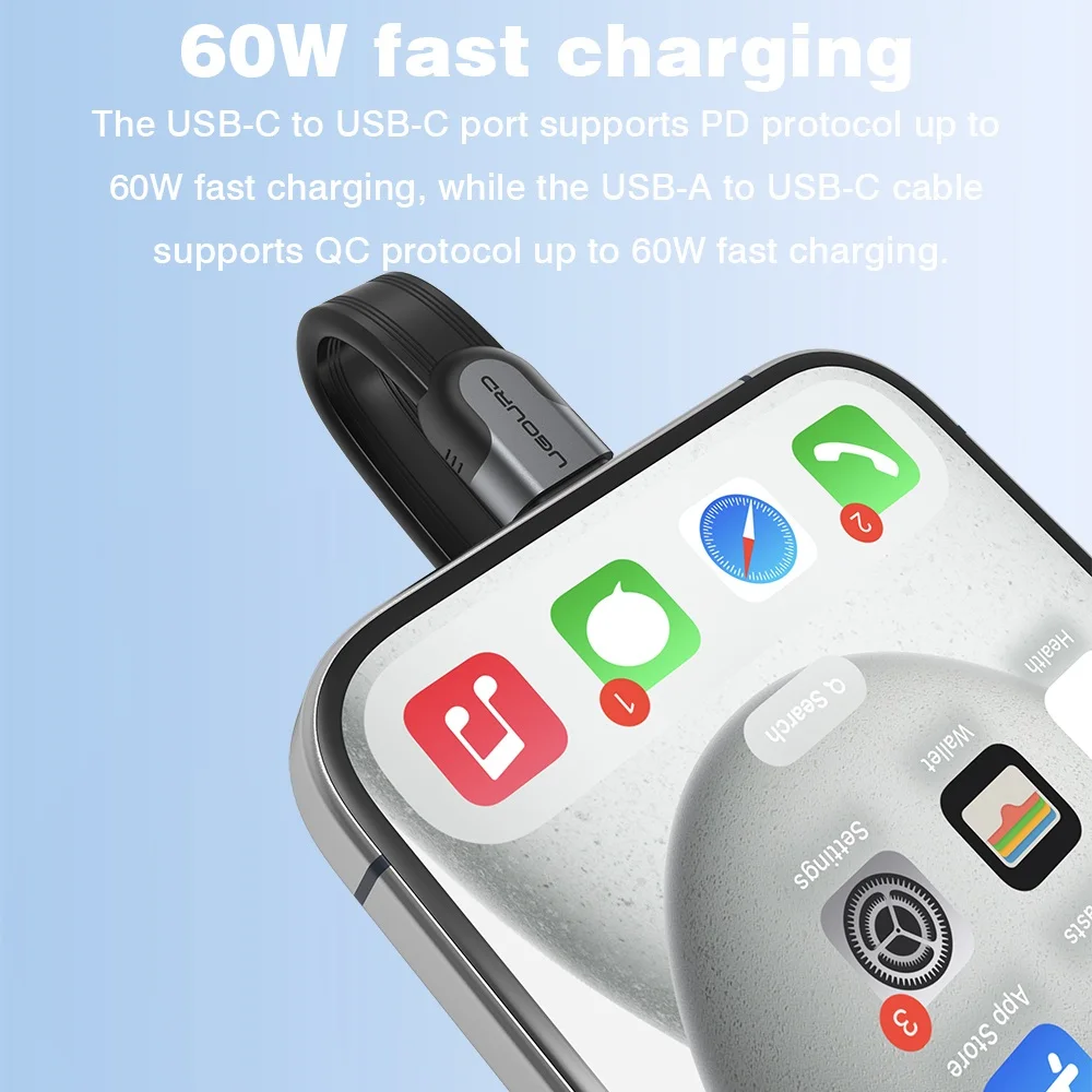 UGOURD High-Speed USB-C to USB-A Flat Ribbon Charging Cable, 60W Fast Charge, 10Gbps Data Transfer, Length Options Available