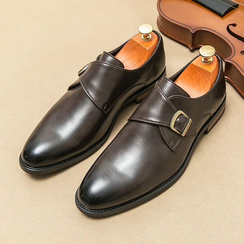 

European Station Men New Lefu Pointed Leather Shoes Side Buckle Casual Fashion Black Brown Sizes 38-46 Men Shoes