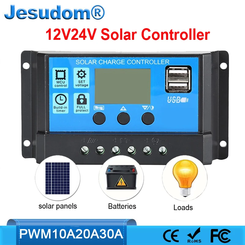 10A 20A 30A Solar Controller PWM Battery Charger 12V24V Auto. Sensing