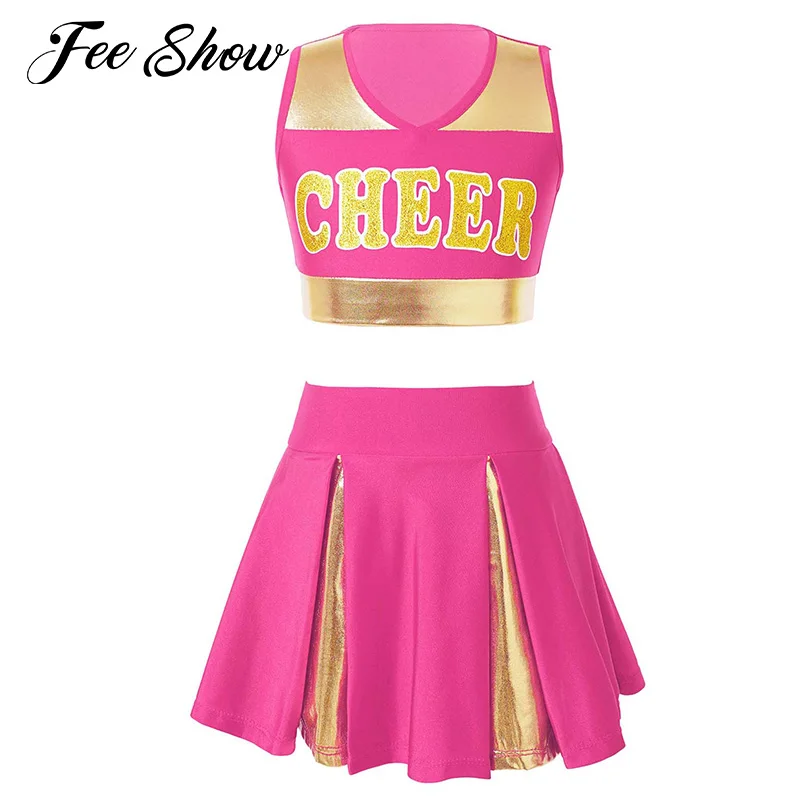 Kids Girls Cheerleading Uniform Summer Cheer Leader Dance Costume Set Sleeveless V-Neck Letter Print Crop Top with Skirt Clothes