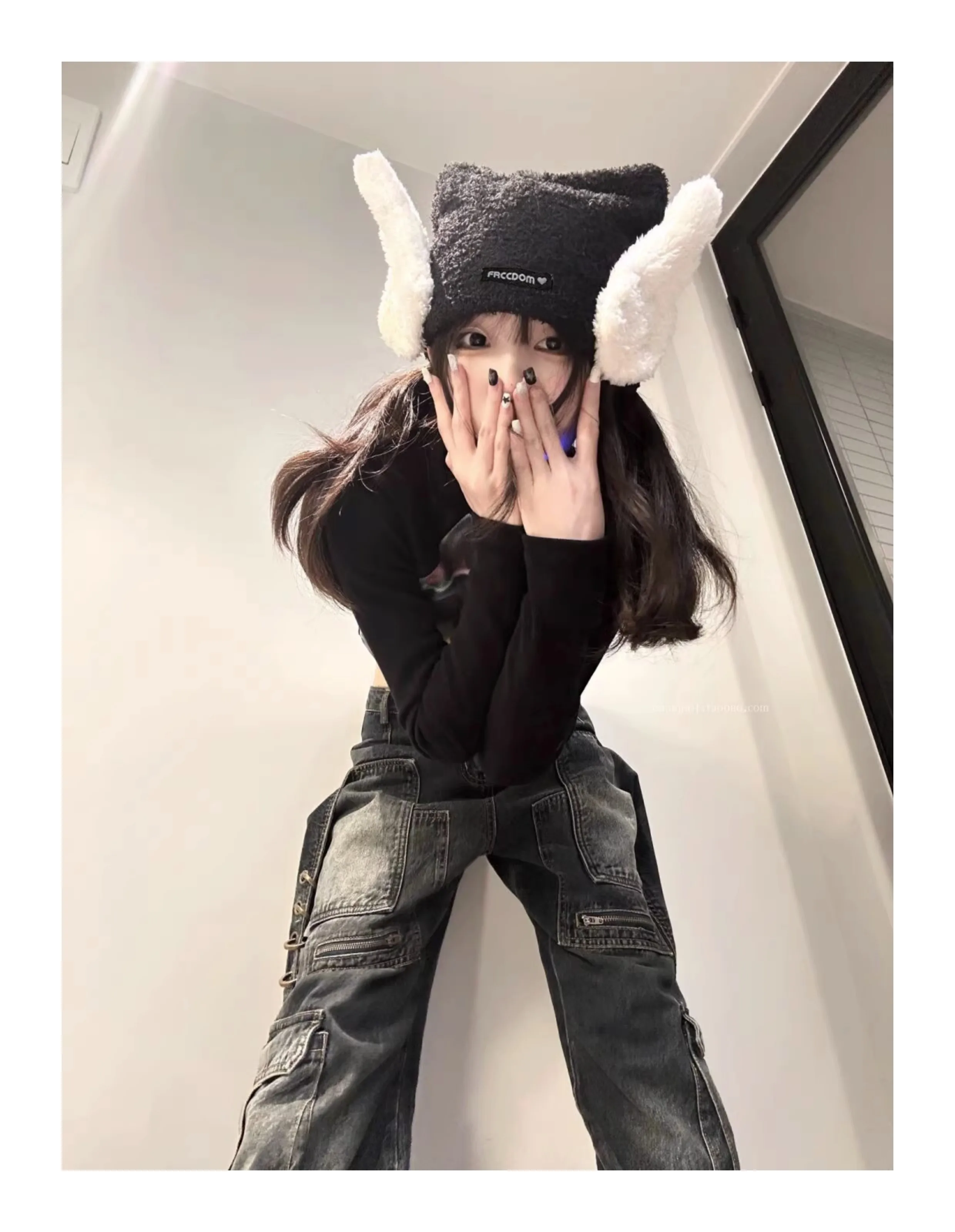 Harajuku Y2k Angel Wings Black Beanie Hats for Women Gothic