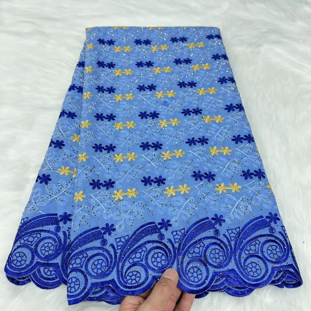 

New Style Sky Blue African Autriche Brode Lace Fabric 2024 High Quality Nigeria Cotton Swiss Voile Lace Fabric For Dress PYC2408