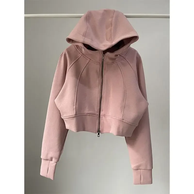 Description Picture 6 of itemWomen's Fashionable American Style Sweatshirt Loose-Fit Hooded Top Solid Color Short Jacket Air Layer Fabric Spring Autumn