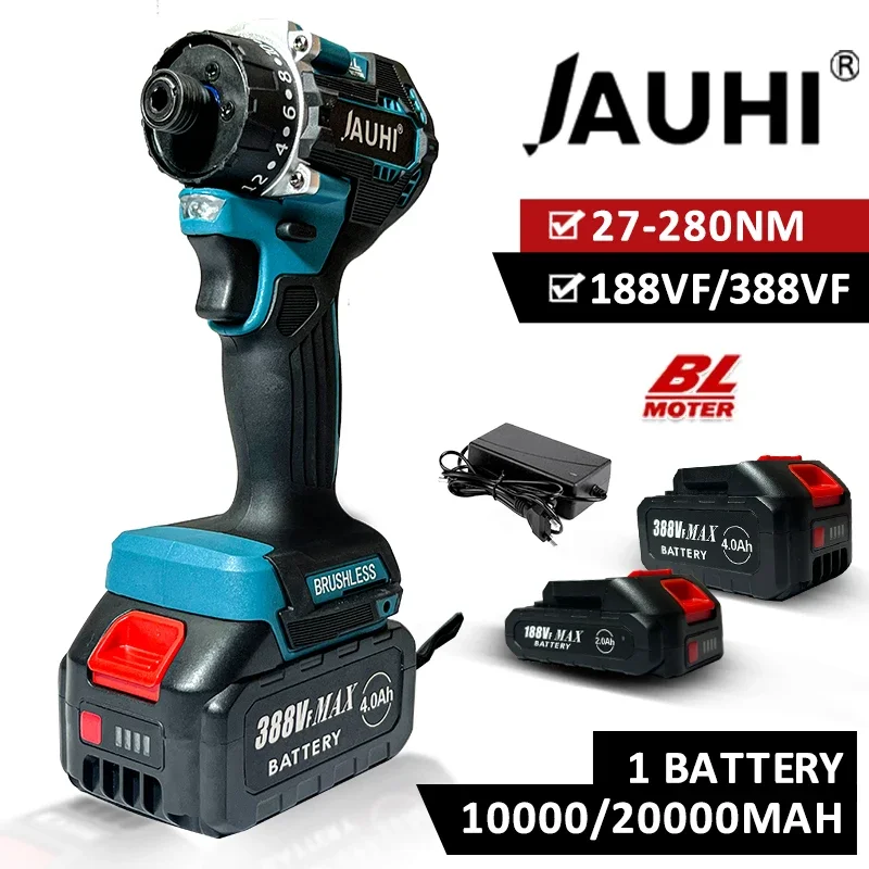 

JAUHI 20+1 Torque 280N.m Brushless Electric Screwdriver Rechargeable Cordless Electric Drill Screw Driver for Makita 18v Battery