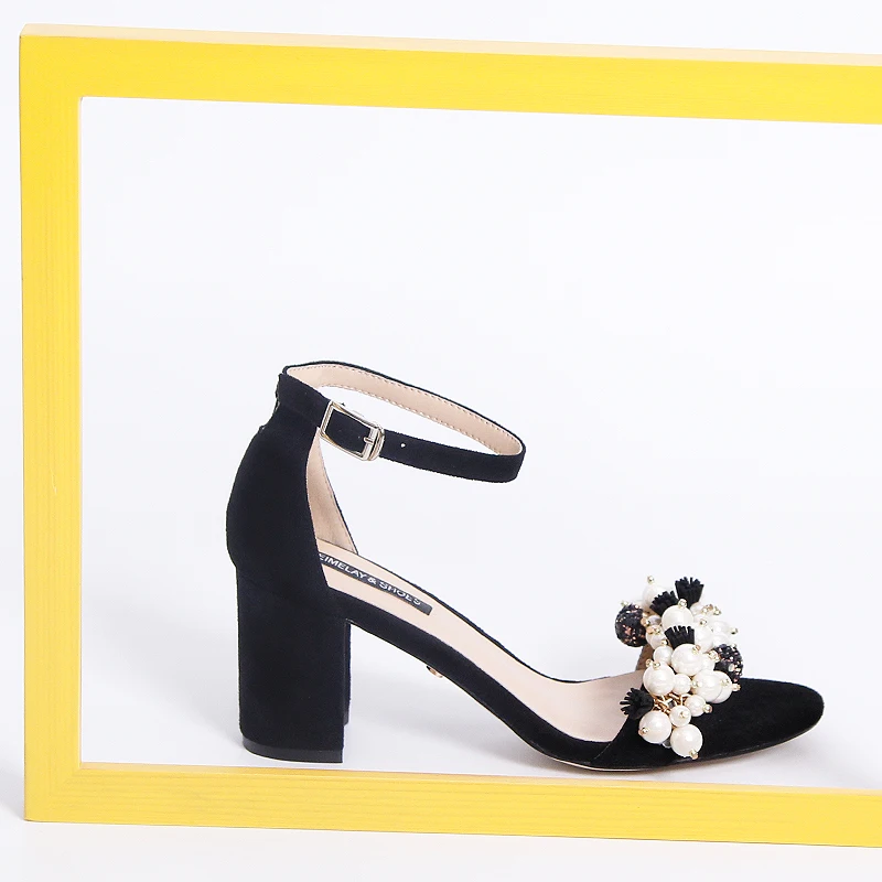 Black Suede Casual Women Sandals Open Toe Chunky Square Heel Pearl Flower Tassel Fashion Summer Shoes Daily Wear Ankle Strap