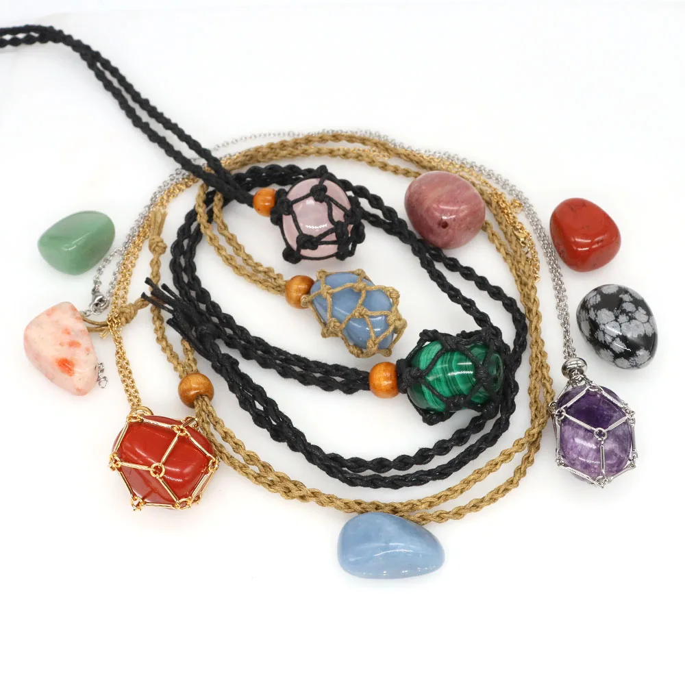 Adjustable Empty Stone Holder Wax Rope Copper Cage Necklace Natural Crystals Stones Tumbled Bulk Mineral Specimen Aquarium Decor