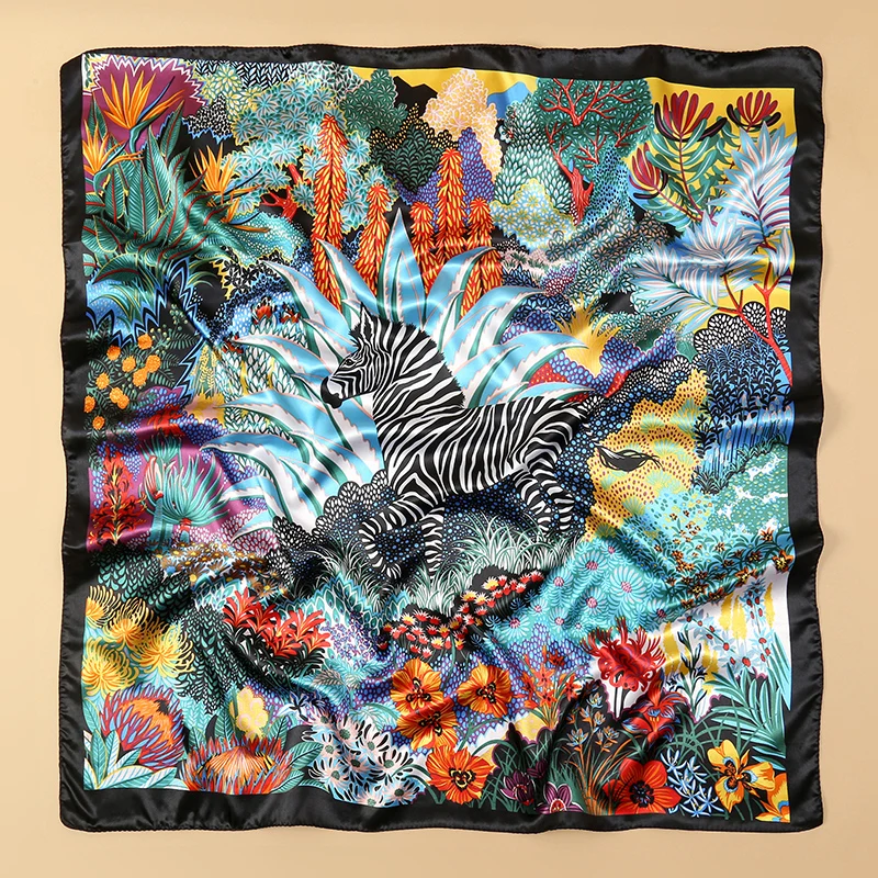 Women Luxury Silk Scarf Zebra Printed Scarves Square 90x90cm Shawl Travel Headscarf Hijab Bandana Neckerchief Foulard 2