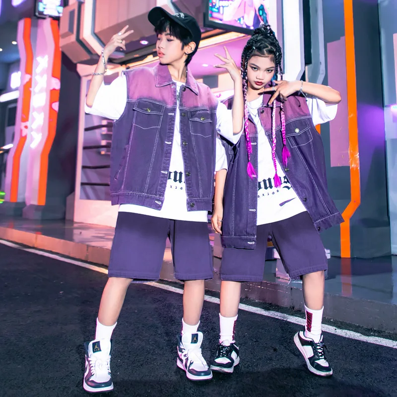 

Kids Boys Girls Streetwear Fashion Hip Hop Loose Denim Vest Shorts Sets Children Suits Stage Jazz Dance Costume Tracksuits