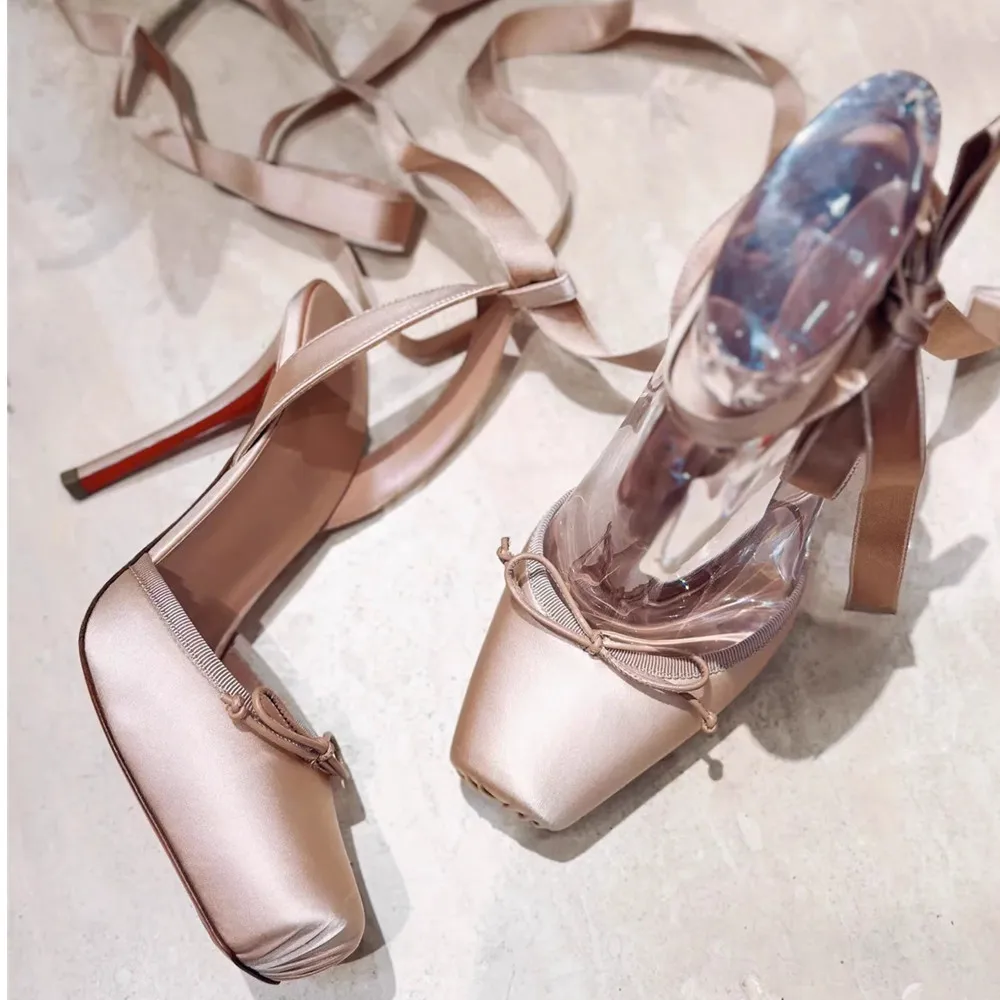 Women Lace-Up High Heeled Shoes for Woman's Square Toe Thin Heels Platform Pumps Mujer Pleated Slingback Wedding Luxury Sandals 6